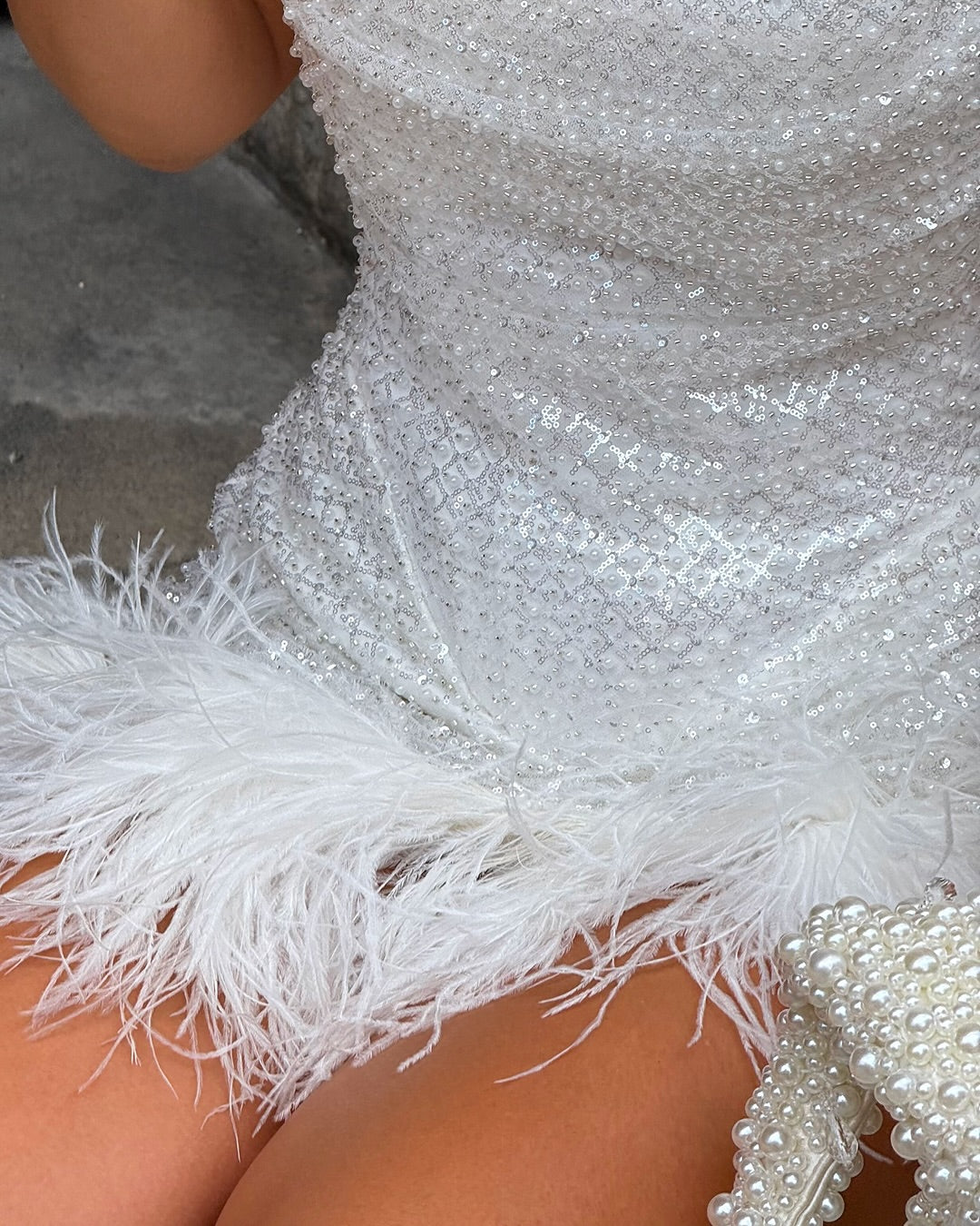 Sequin Mini Dress with Feather Trim Hem