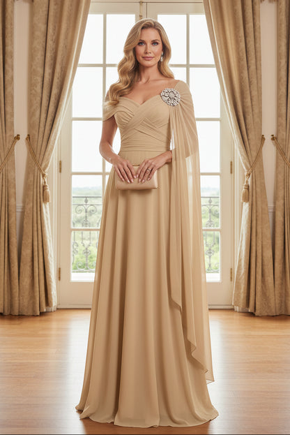 Ruched Chiffon Cape Sleeve Evening Gown