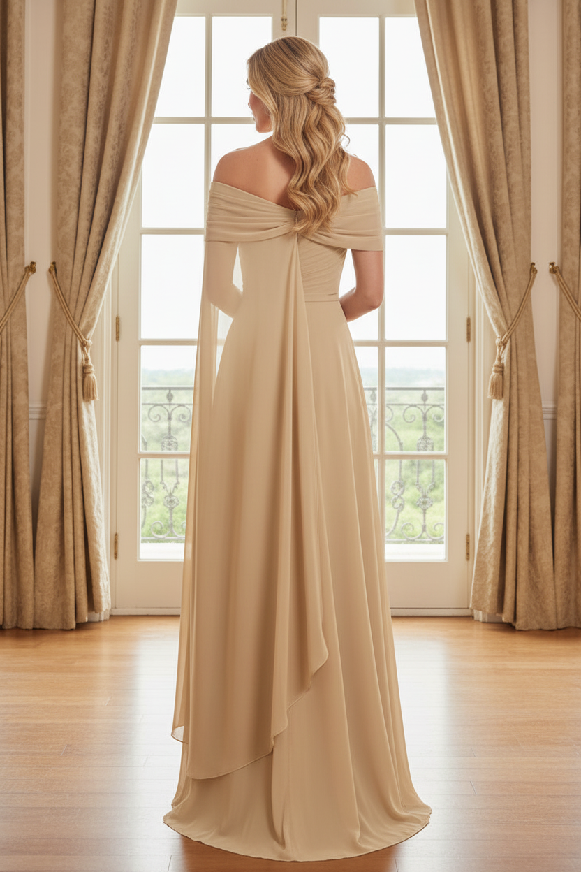 Ruched Chiffon Cape Sleeve Evening Gown