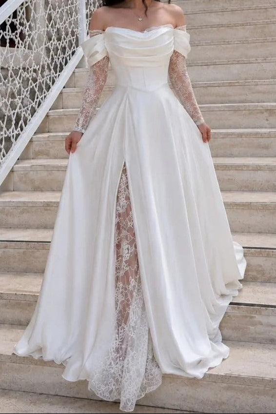 Off-Shoulder Lace Sleeve Wedding Dress with Slit