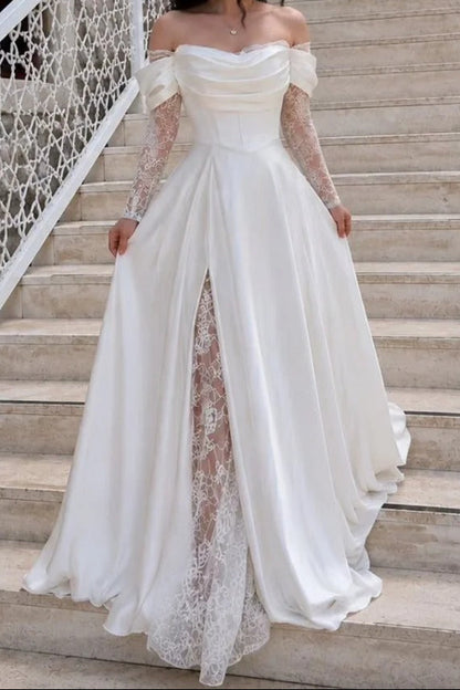 Off-Shoulder Lace Sleeve Wedding Dress with Slit