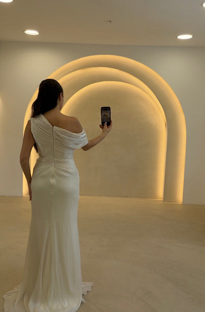 Draped One-Shoulder Column Evening Dress