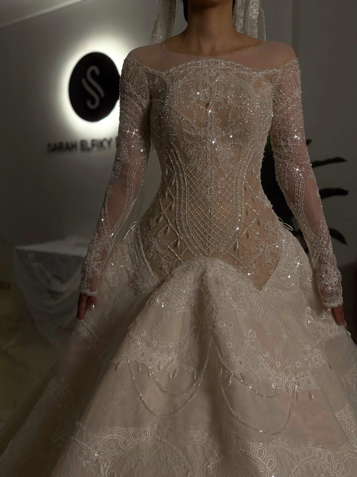 Lace & Beaded Ball Gown Wedding Dress with Sleeves