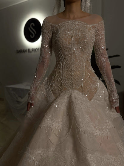 Lace & Beaded Ball Gown Wedding Dress with Sleeves
