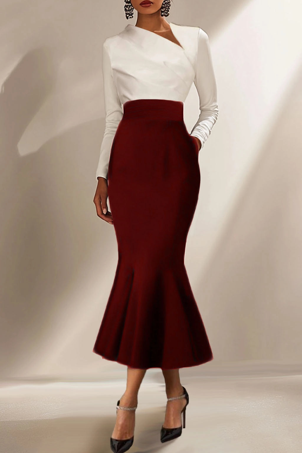 Two-Tone Long Sleeve Mermaid Midi Dress