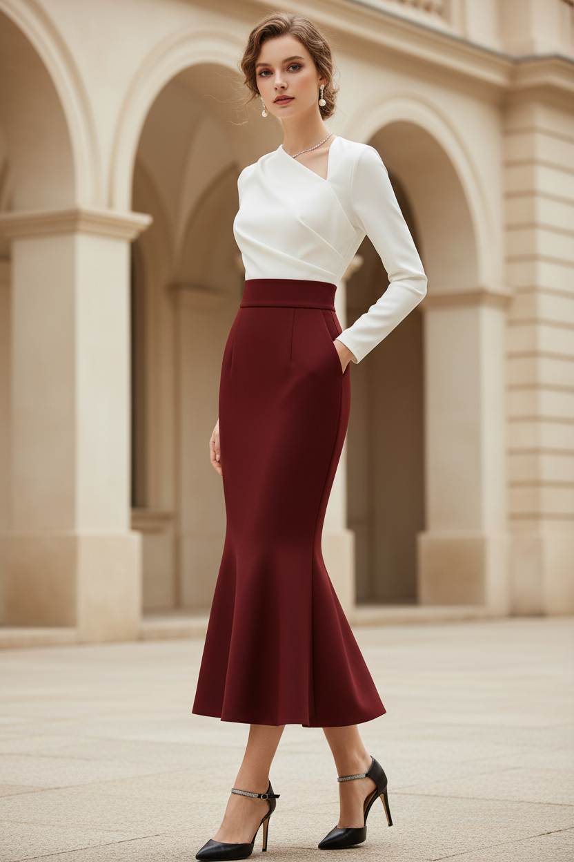 Two-Tone Long Sleeve Mermaid Midi Dress