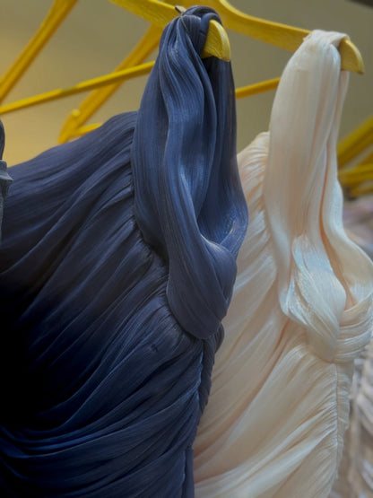 Pleated One-Shoulder Evening Gown with High Slit
