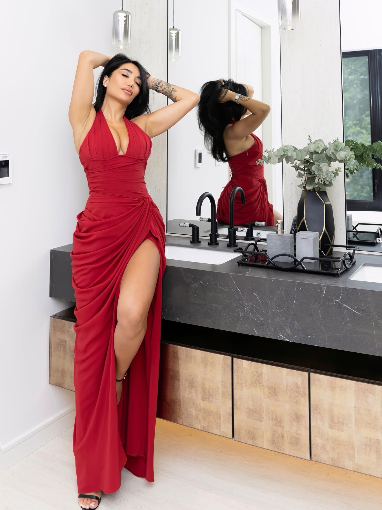 Halter Neck High Slit Ruched Evening Gown