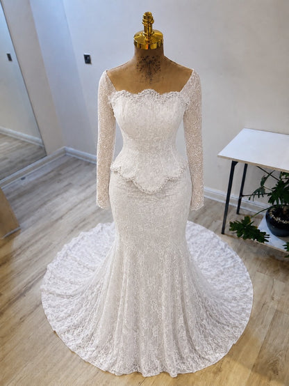 Long Sleeve Scalloped Lace Mermaid Wedding Dress