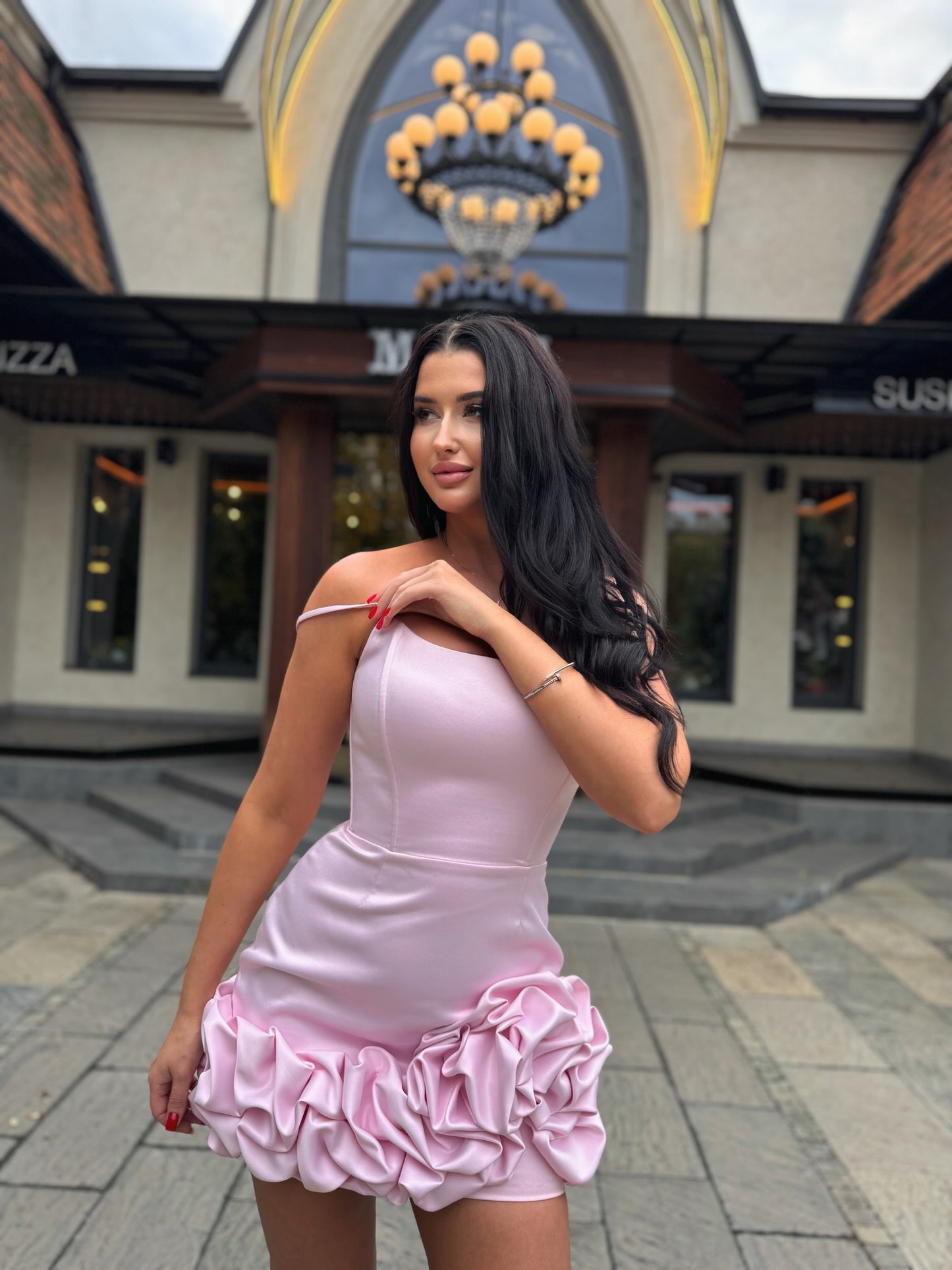 Satin Corset Mini Dress with 3D Flower Ruffles