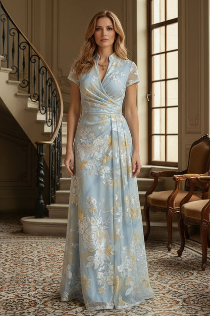 Floral Short Sleeve Wrap Bodice A-Line Gown
