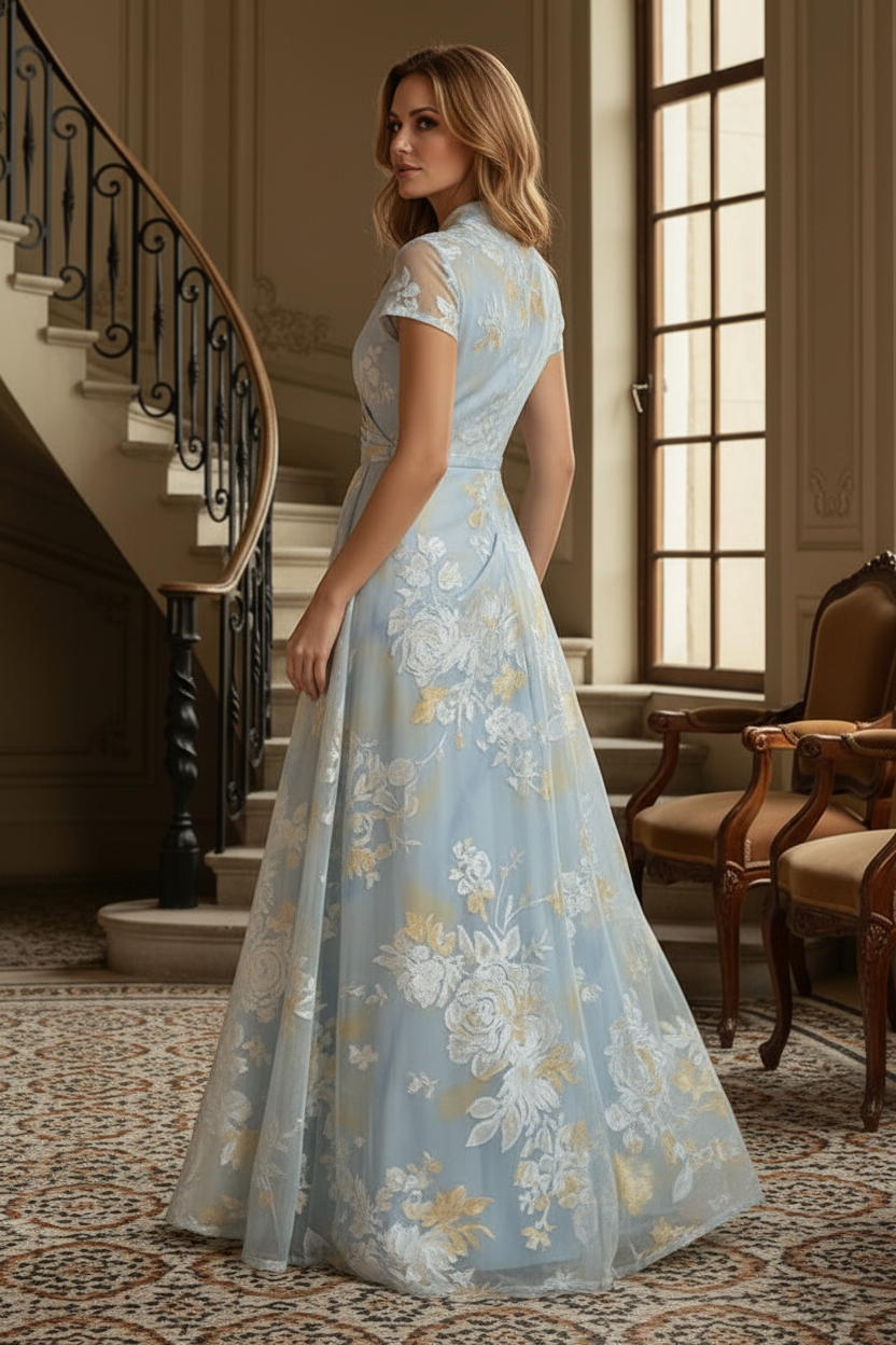Floral Short Sleeve Wrap Bodice A-Line Gown