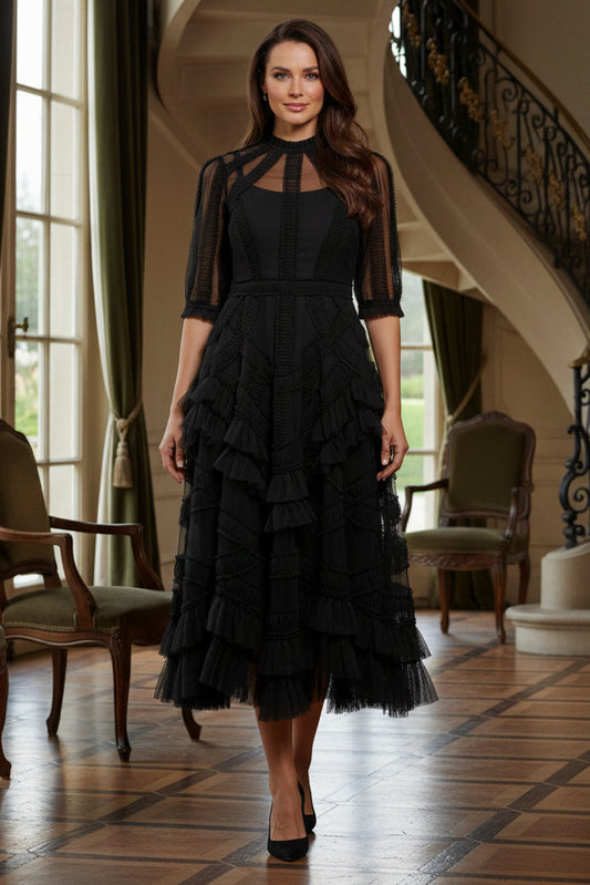 Illusion Neckline Tiered Ruffle Tulle Midi Dress