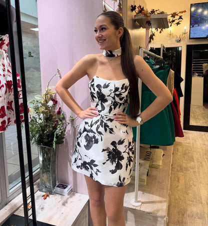 Strapless Floral Print Mini Dress with Sweetheart Neckline