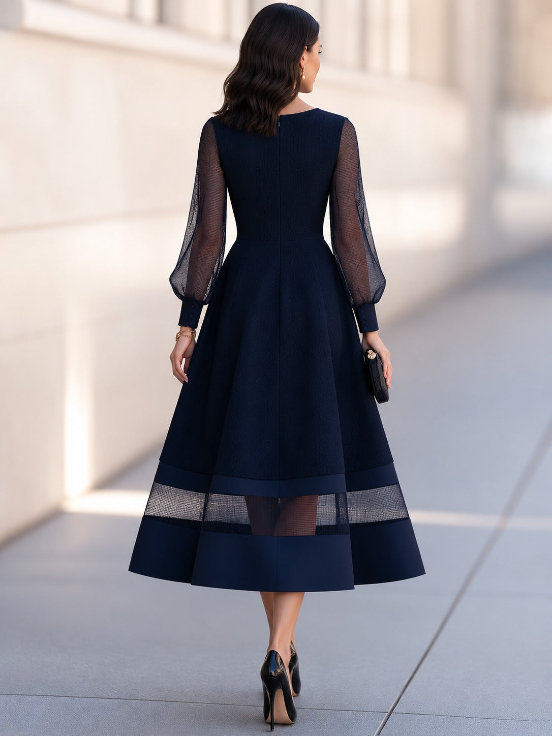 Sheer Sleeve A-Line Midi Dress with Illusion Hem