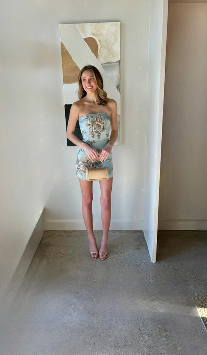 Strapless Floral Embroidered Mini Bodycon Dress