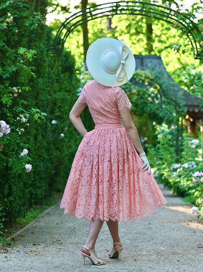 Belted Lace Midi Dress with Short Sleeves