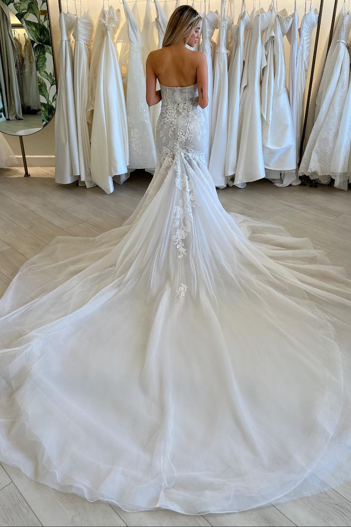 Strapless Lace Mermaid Wedding Dress with Cathedral Train
