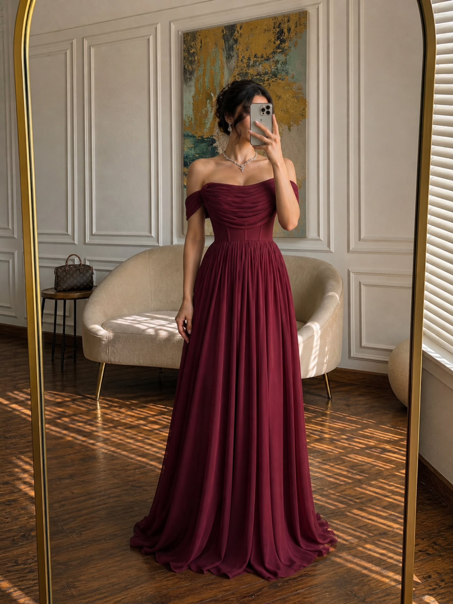 Off-the-Shoulder Ruched Corset Floor-Length Gown