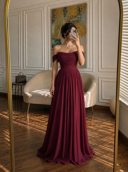 Off-the-Shoulder Ruched Corset Floor-Length Gown