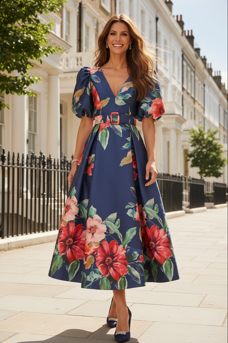 Floral Print Puff Sleeve Belted Midi Dress
