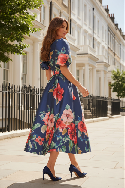 Floral Print Puff Sleeve Belted Midi Dress