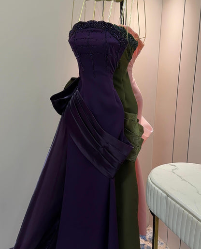Strapless Beaded Satin Mermaid Gown with Draping