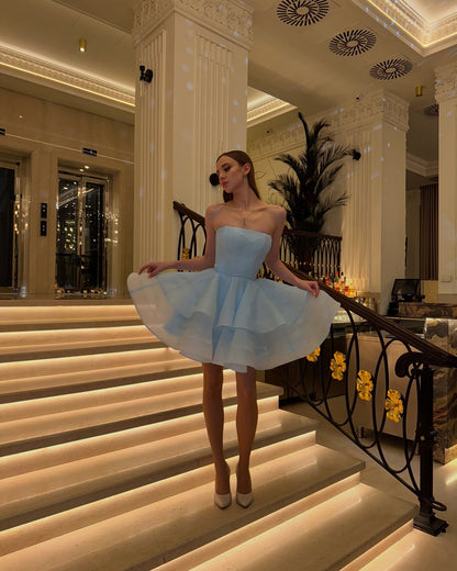 Strapless Tiered Ruffle Organza Mini Dress