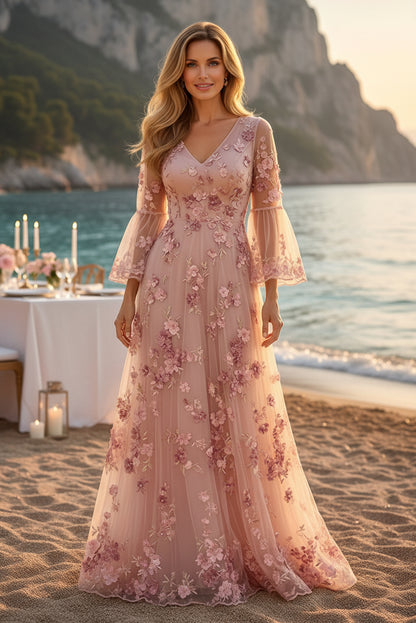 Floral Embroidered Bell Sleeve Tulle Evening Gown