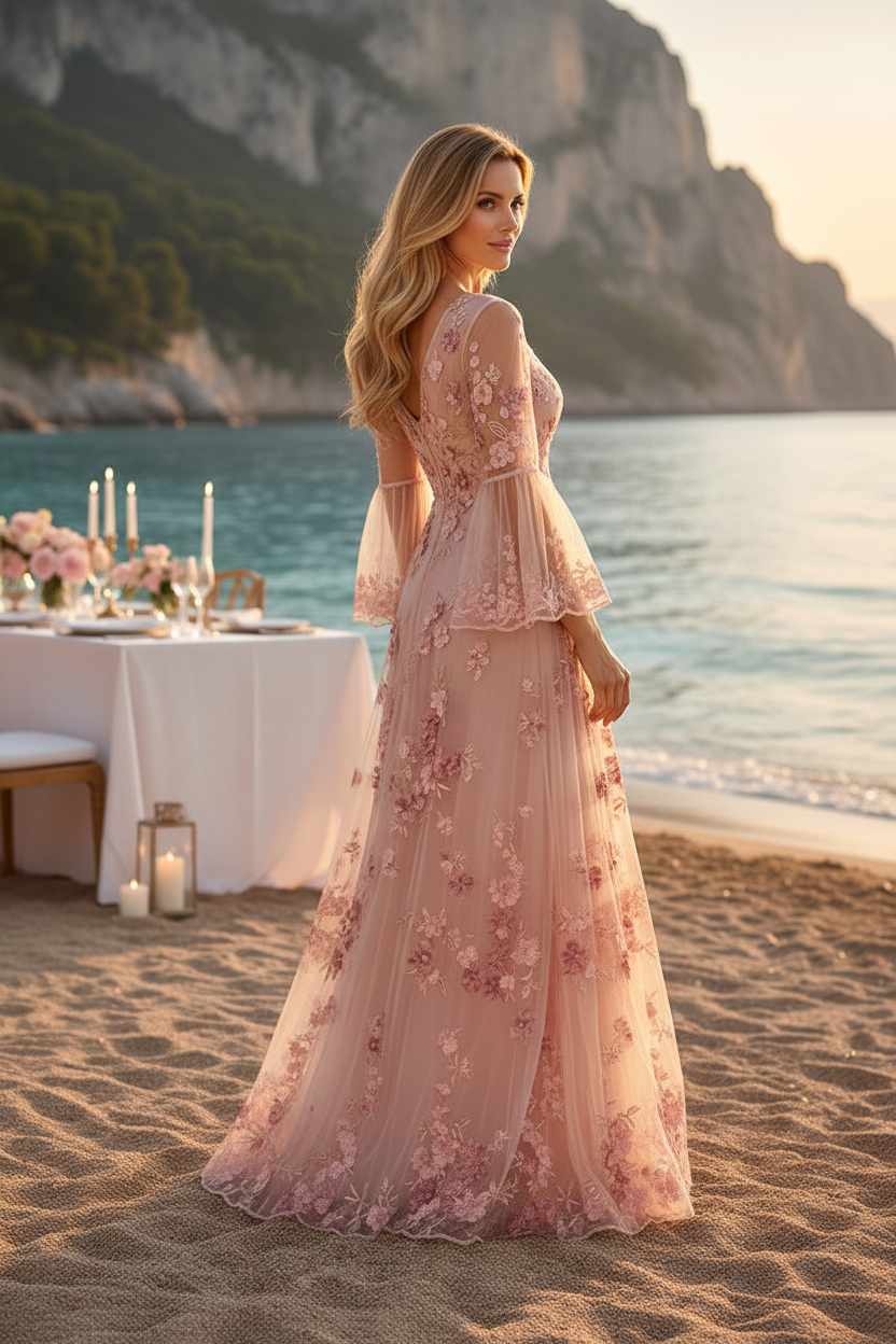 Floral Embroidered Bell Sleeve Tulle Evening Gown