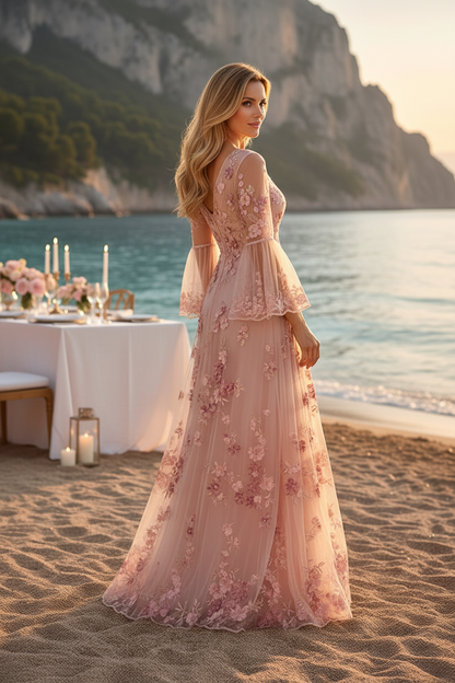 Floral Embroidered Bell Sleeve Tulle Evening Gown