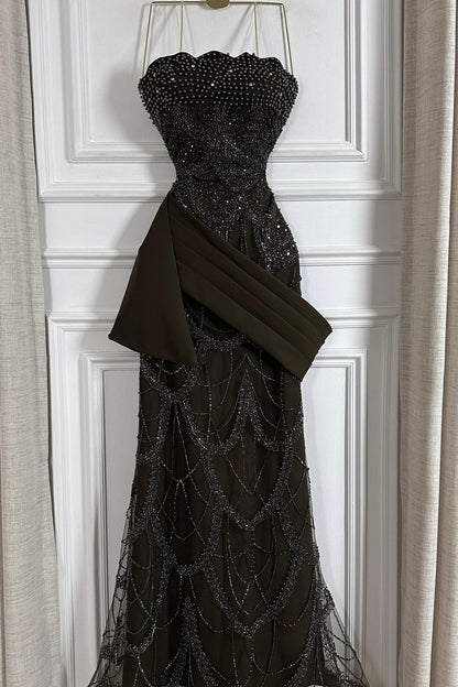 Beaded Mermaid Evening Gown with Satin Drape