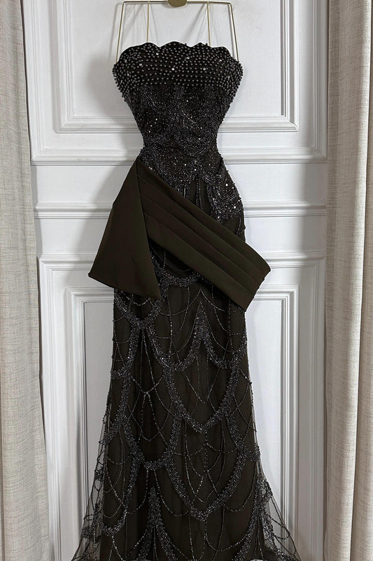 Beaded Mermaid Evening Gown with Satin Drape
