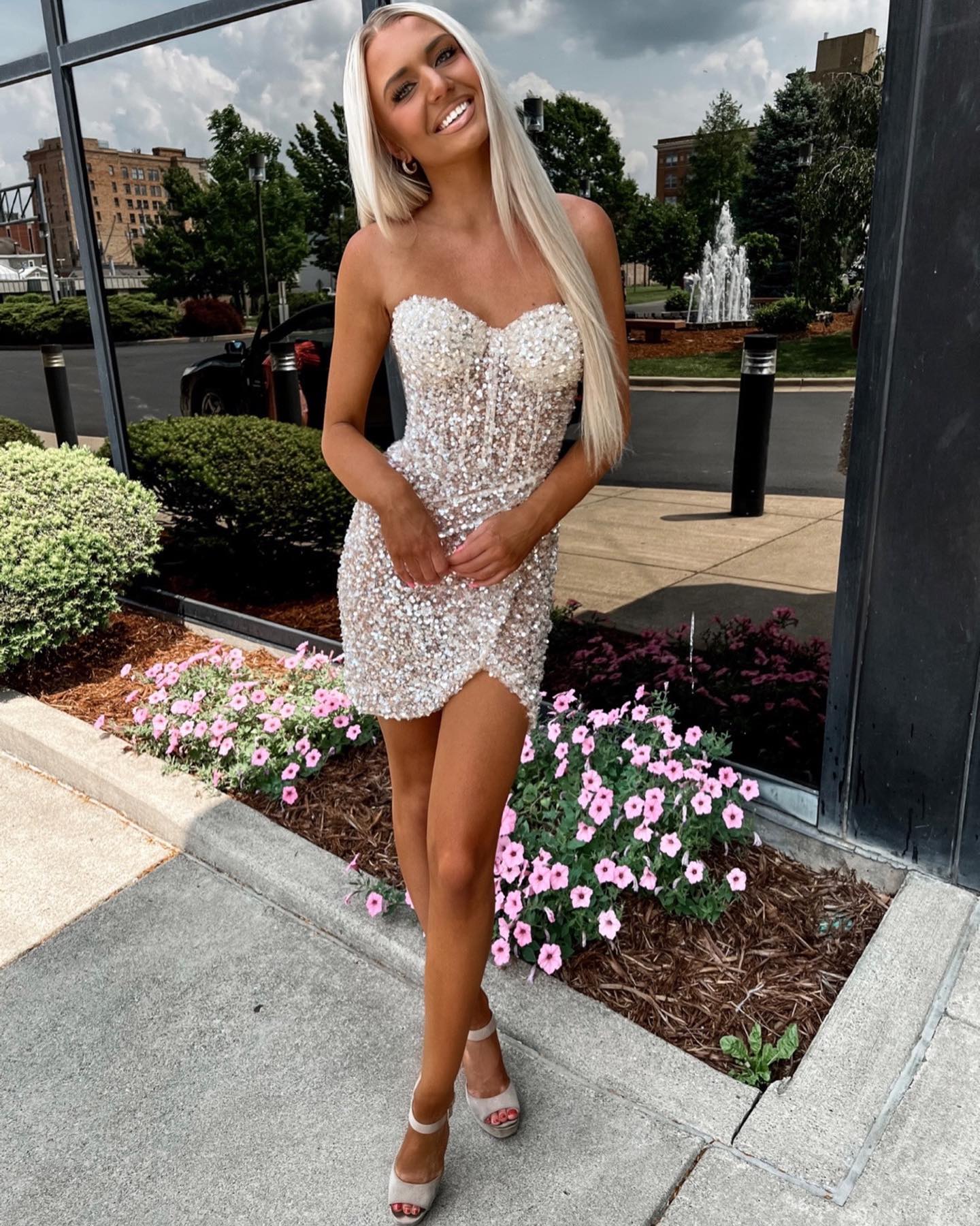 Strapless Sequin Corset Mini Dress with Tulip Hem