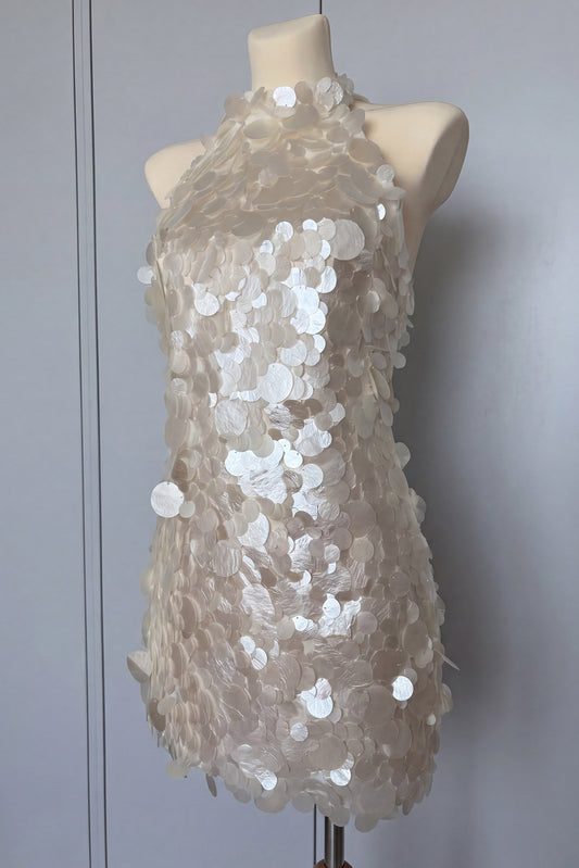 Iridescent Halter Neck Disc Sequin Mini Dress