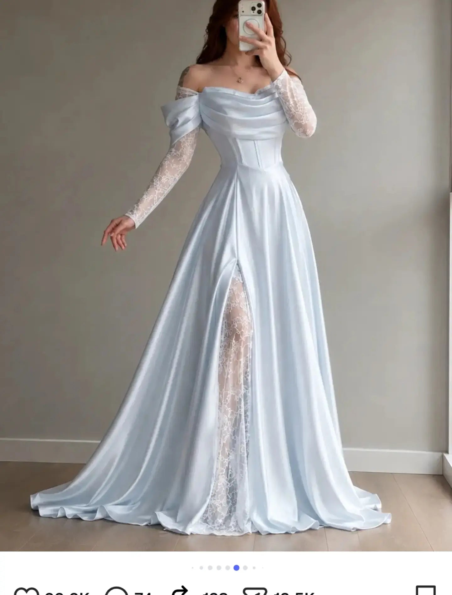 Off-Shoulder Corset Gown with Lace Underlay Slit