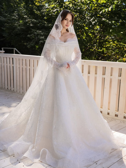 Off-the-Shoulder Long Sleeve Lace Ball Gown