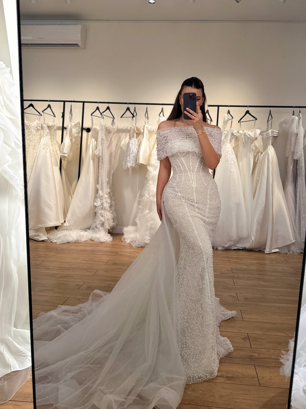 Off-the-Shoulder Pearl Beaded Mermaid Wedding Gown