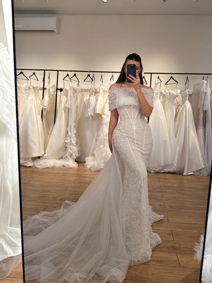 Off-the-Shoulder Pearl Beaded Mermaid Wedding Gown