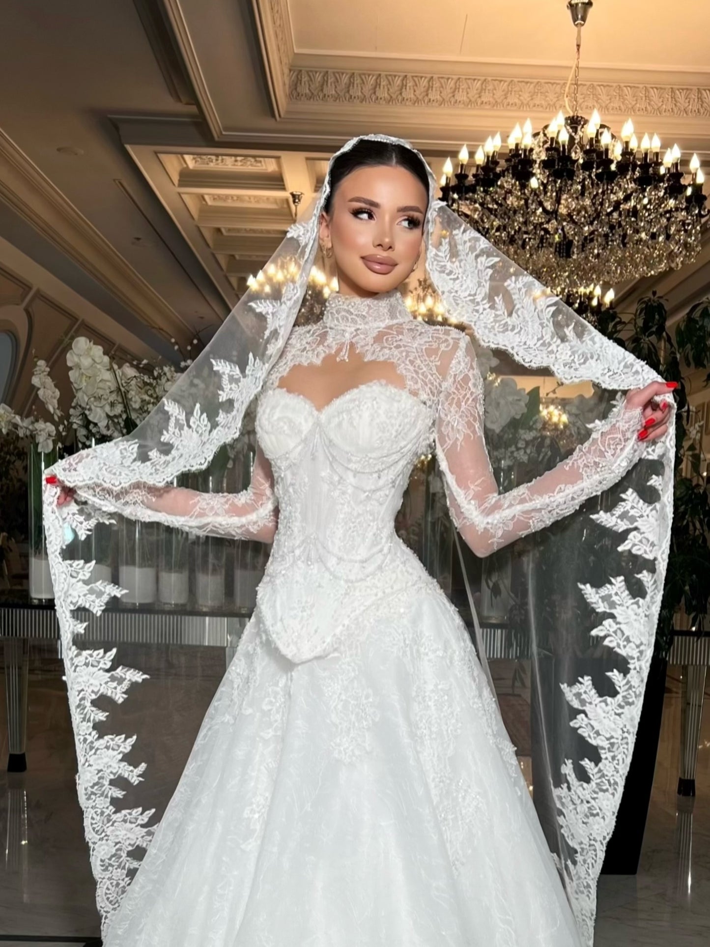 Lace High-Neck Corset Ball Gown Wedding Dress