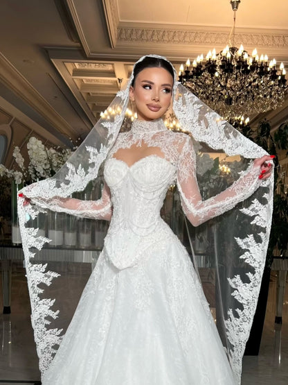 Lace High-Neck Corset Ball Gown Wedding Dress