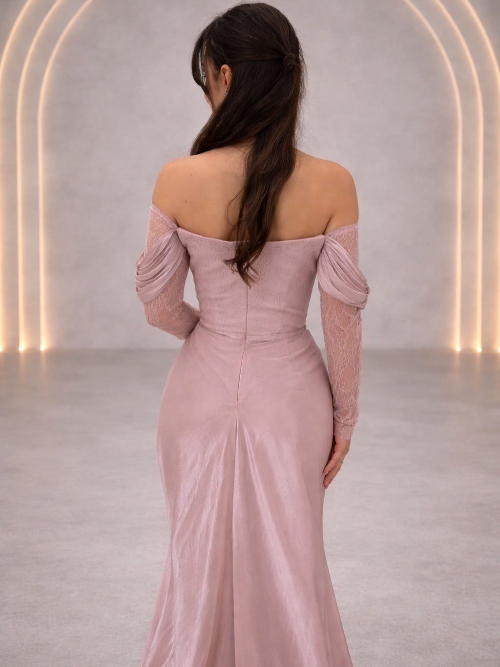 Off-Shoulder Lace Draped Evening Gown