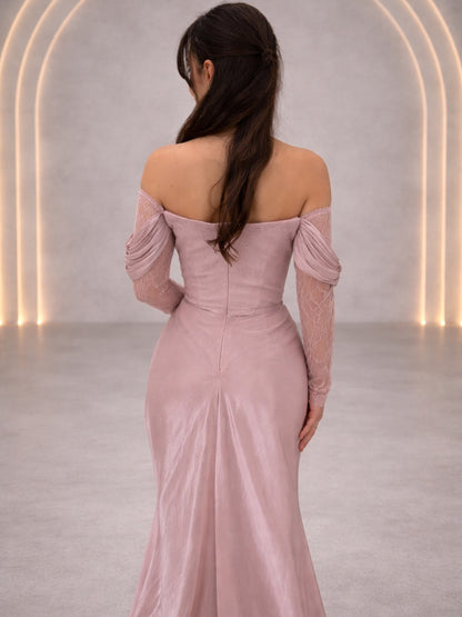 Off-Shoulder Lace Draped Evening Gown
