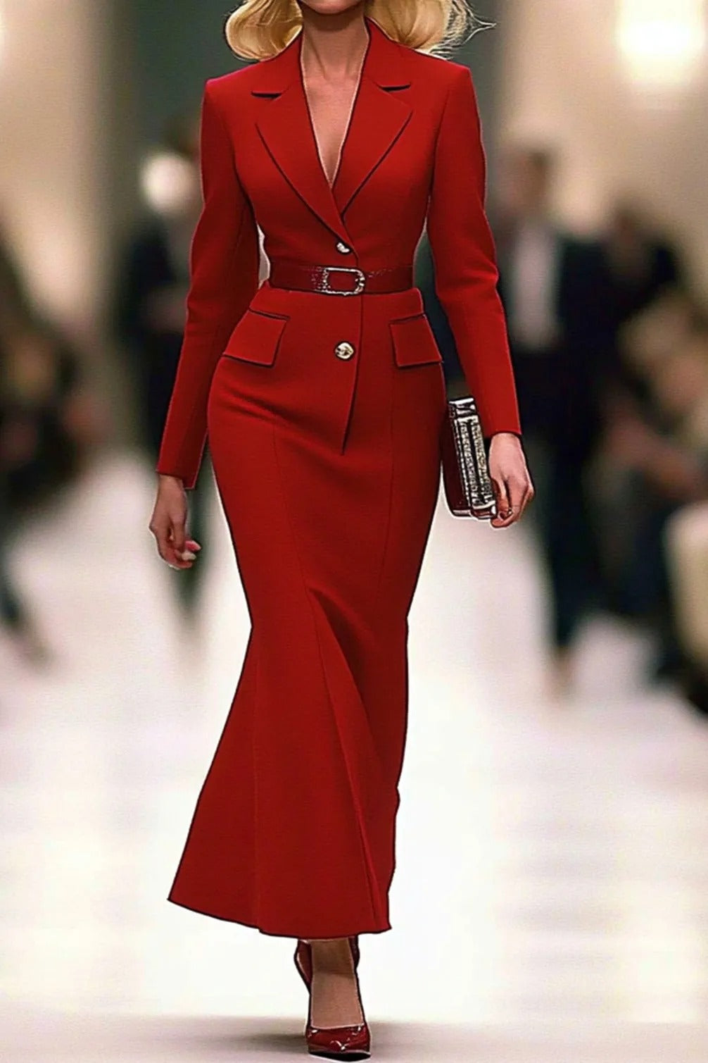 Belted Tailored Blazer and Mermaid Maxi Skirt Suit