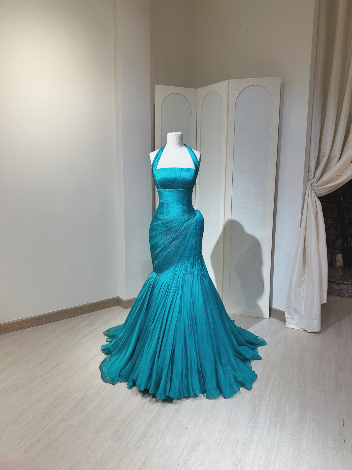 Pleated Mermaid Evening Gown with Halter Capelet