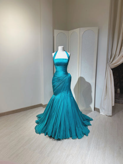 Pleated Mermaid Evening Gown with Halter Capelet