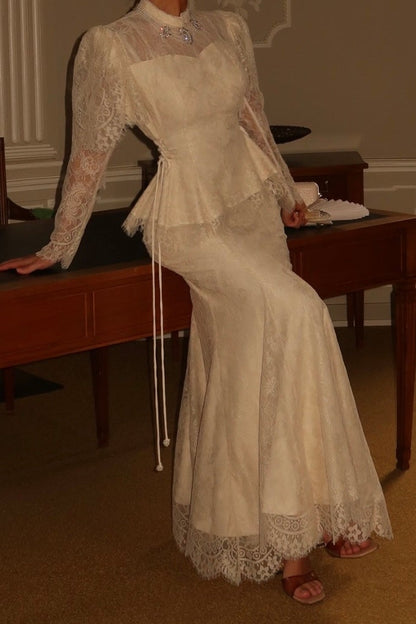 Lace Long-Sleeve Maxi Dress with Peplum Waist