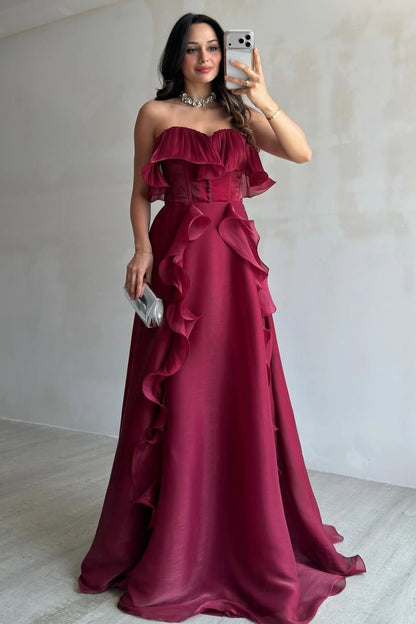 Strapless Organza Corset Gown with Cascading Ruffles
