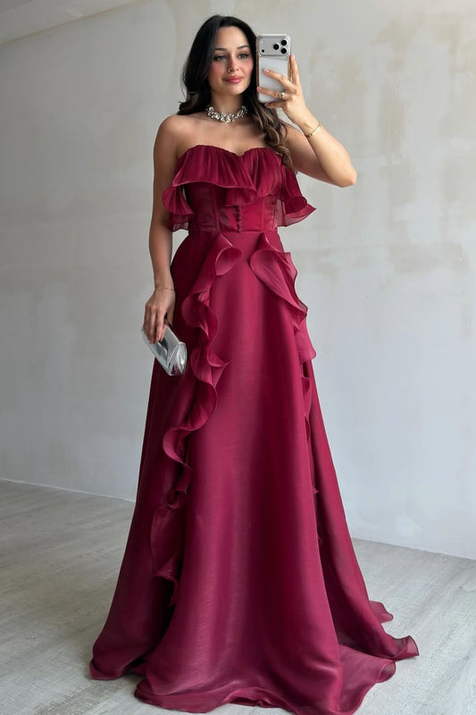 Strapless Organza Corset Gown with Cascading Ruffles