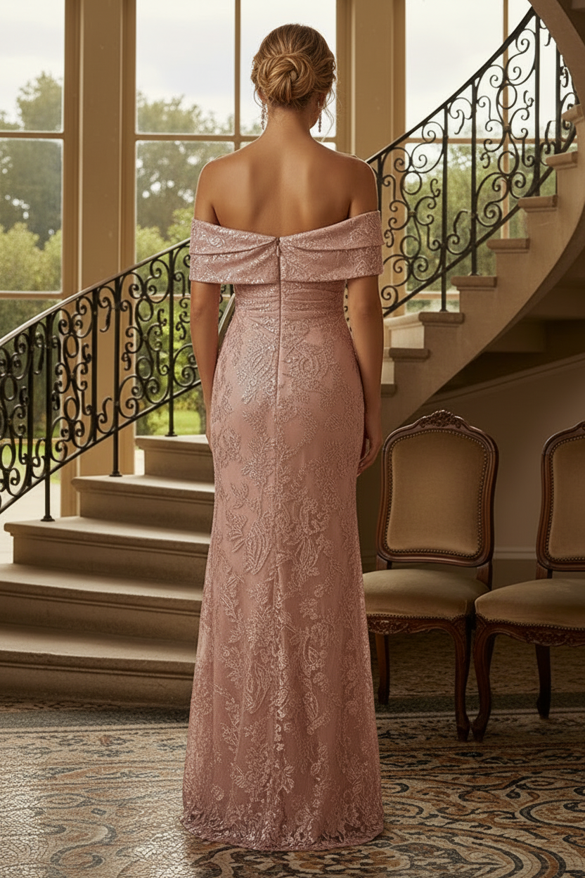 Off-the-Shoulder Lace Evening Gown with Slit